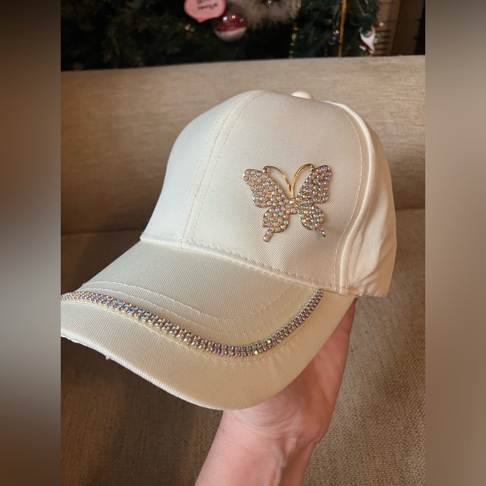 White hat with rhinestone butterfly and trim - Picture 4 of 8